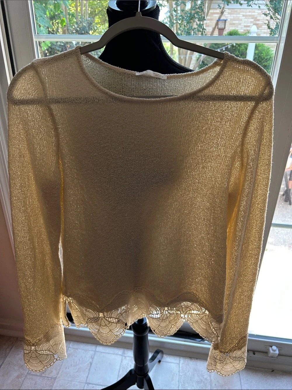 Zara Cream Sheer Long Sleeve Knit Top with Lace Hem